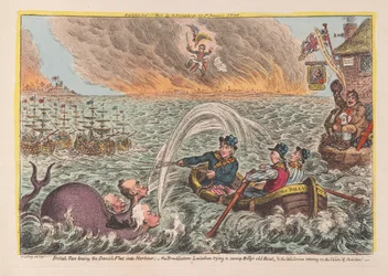 イギリスのタールがデンマークの艦隊を港に牽引している：ビリーズの古いボートを沼地に追い込もうとしているボラドの底のリヴァイアサン、および野望の雲でパブの小さなコルシカ島のよろめき。 1807（手彩色エングラ