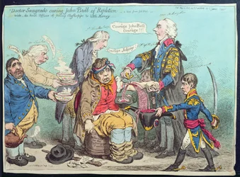 1803年にハンナ・ハンフリーによって出版された、ジョン・ブルの挫滅を治療するサングラード医師（手彩色銅版画）