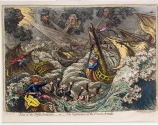1797年にハンナハンフリーによって発行されたアイルランド侵攻の終わり、またはフランスアルマダの破壊（手塗りのエッチングとアクアチント）