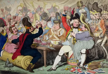 1793年、ハンナ・ハンフリーによって出版された「フランドルでの戦いの疲労」（手彩色銅版画）