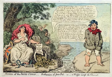 アイルランド連合の恐怖：1798年にハンナハンフリーによって発行された、貧しいパットの苦悩、またはチャネルを横切るウィスパー（手描きのエッチング）
