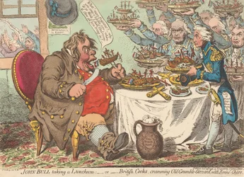 ジョン・ブルの昼食 - または - イギリスの料理人たちが老いた不平胃袋にごちそうを詰め込む（『カリカチュア』第1巻より）