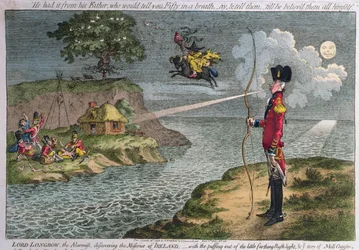 1798年にハンナ・ハンフリーによって出版された『アイルランドの悲惨』を発見した警戒論者ロングボウ卿（手彩色銅版画）