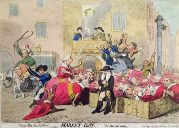 1788年にS.W.Foresが出版した「Market Day」（手彩色のエッチング）。