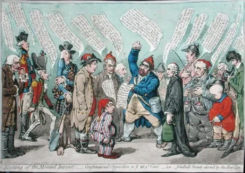 貨幣的利益の会合。1798年にハンナ・ハンフリーが出版した『10％に対する憲法上の反対、あるいは新税に警戒するジョン・ブルの友人たち』（手彩色エッチング）。
