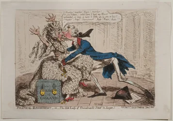 政治的暴動、または危険にさらされているThreadneedle Streetの老婦人！、Hannah Humphreyにより発行、1797年（手描きのエッチング）