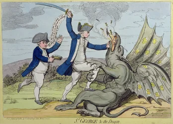 聖ジョージとドラゴン、1782年にハンナハンフリーによって発行された（手描きのエッチング）