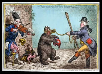 1806年にハンナハンフリーによって出版されたクマと彼の指導者（手描きのエッチング）
