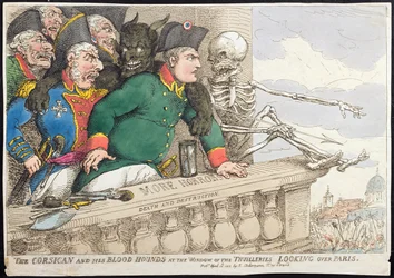 1815年にハンナハンフリーから出版された、コルシカと彼のブラッドハウンド、チュイルリーの窓、パリを見渡して（手描きのエッチング）