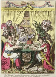 1800年にハンナ・ハンフリーによって出版された『新憲法を制定するフランス領事三部会とその背景にあるアッベ・シーズの憲法上のハトの巣』（手彩色エングレーヴィング）