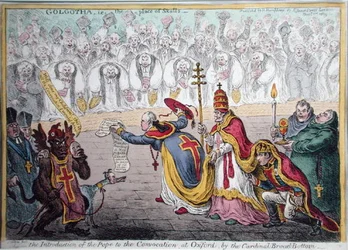 1809年にハンナ・ハンフリーによって出版されたブロード・ボトム枢機卿によるオックスフォードの会議への教皇の紹介（手彩色のエッチング）