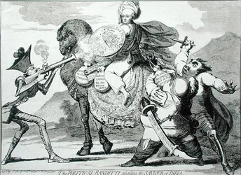 1786年にW.ホランドが出版した「インドの救世主を襲う政治的バンディッティ」（エッチング）