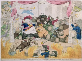1787年にS.W.フォレスによって出版された「アムステルダムの降伏、あるいは喧騒の中のブランズウィック公爵（1771-1815）」（手彩色銅版画）