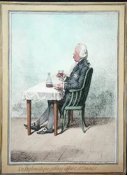 ハンナ・ハンフリーが1797年に出版した「スティーブンスで問題を解決する外交官」（手彩色の銅版画）