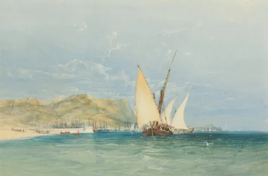 Cena da costa com barcos à vela