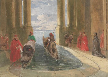 Dignitários venezianos embarcando em gôndolas