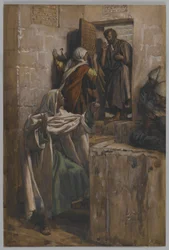聖ペテロの最初の否認、私たちの主イエス・キリストの生涯からの挿絵、1886-94（紙の黒鉛の上にトイレ）