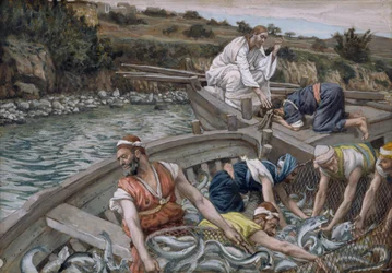魚の最初の奇跡的なドラフト、「キリストの生涯」のイラスト、1886-94年（板紙にトイレとガッシュ）