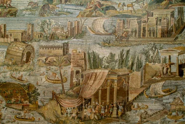 ナイル川の氾濫を空想的に描いたローマ時代のモザイク画。考古学博物館