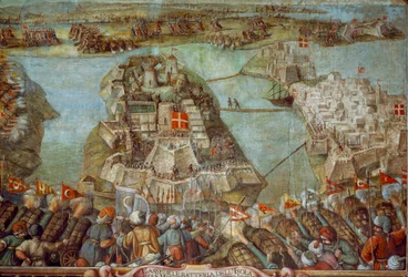 このフレスコ画は、1565年のトルコによるマルタ包囲戦を描いている。芸術作品。
