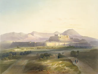 1848年にWLウォルトンが彫刻した、グズニーの町と城塞、「アフガニスタンの風景、住民、衣装」のプレート18