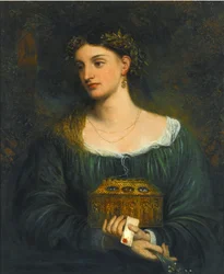 ラファエル前派の絵画 : パンドラ（パンドーラ） par Smetham, James (1821-1889), 約1865年。キャンバスに油彩、76,5x61cm個人コレクション