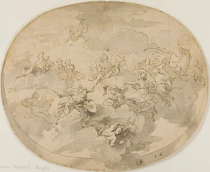 天井のフレスコ画のデザイン: アポロと無知を破壊するミネルヴァのミューズ