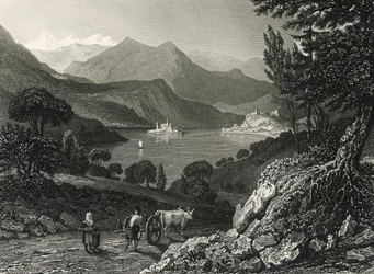 オルタ湖、ウィリアム・ブロックドン（1787-1854）が描いた絵をジェームズ・ティビット・ウィルモア（1800-1863）が彫ったもの。