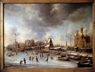 冬の風景。凍った湖の上のスケーターたち。ブルスタテン(1622-1666)の絵画 17世紀ベルリン、国立博物館