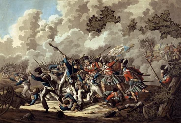 1815年のウォータールーの戦いにおけるハイランダーのラヘイサントによるフレンチガードの敗北（色付きのアクアチント）