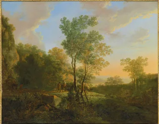 旅人のいるイタリア風の森の風景