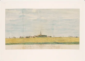 Zuyderzee のアムステルダム近くの Overdiem の村、土地 zyde から見た (オブジェクトのタイトル)
