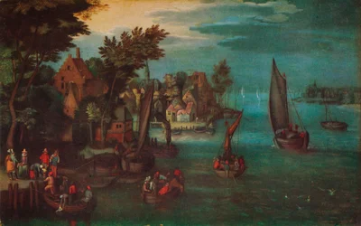 オランダの船と渡し舟のある賑やかな川の風景」1605年頃
