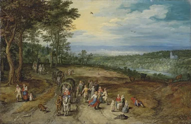 線路を行く旅人と手前で踊る農民のいる広大な森林風景／Landscape with Travellers and Peasants on a Track
