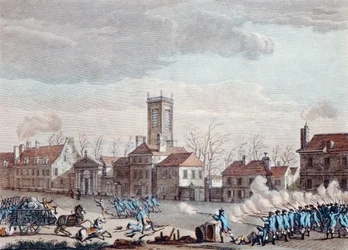 パリのシャペル教会の前で戦います。 1791年1月24日、1795年頃、フェルミエジュノーの障壁の守護者と革命家の間