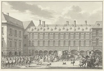1786年、ビネンホフのシュタッドハウダースポールトを通り抜けるドルドレヒトの代議士たちの混乱