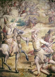 1535年のチャールズ皇帝V 1500-58のチュニスでのトルコ人に対するキャンペーン：ゴレッタの捕獲、体のない頭を抱えた歩兵の詳細、タペストリーの木炭の漫画、トイレの紙