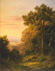 オランダ語：夜明けの鹿のいる風景／鹿のいるジャワの山の風景 夜明けの鹿のいる風景