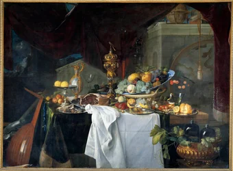 静物のテーブルデザートには、楽器付きの食器が置かれています。ヤン・デビッド・ヘム（1606-1684）の絵画 1640年 日1,49×2,03 m