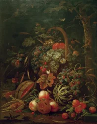 樫の木の上のフルーツバスケット、カボチャ、メロン、桃のある静物画