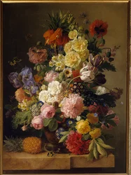 大理石のコンソールに飾られた花とパイナップル Jan Frans van dael (1764-1840) (ec.flam.) の絵画 19世紀 フォンテーヌブロー。フォンテーヌブロー美術館 - 大理石のコンソールに飾られた花とパイナップルヤン・フランツ・ファン・デル（1764-1840）の絵画（フランドル派）。19t