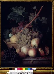 ""果物"" 桃、ブドウ、ナシ、ザクロの静物と蝶とハチ。 Jean Francois van Dael (1764-1840) の絵画 1808年 プーシキン美術館、モスクワ