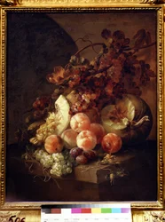 桃のある静物。 Jan Frans van Son (1658-1718) の絵画。 キャンバスに油彩、77 x 64 cm