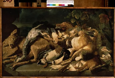 ""Still life with game"" (静物) ハレ、ドウ、カモ。 Jan (Johannes) Fyt (1611-1661) の絵画 1640 プーシキン美術館、モスクワ