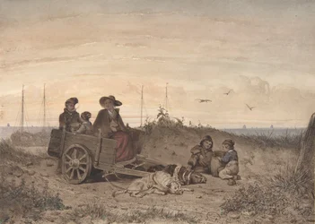 ビーチで漁師の家族、カートに座っている母親と子供の 1 人、1855 年。