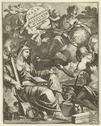 教会と世界史の比喩 Willem Goeree のタイトル ページ、De kerklyke en Weereldlyke historien。 1729年 ウイット・ダールの教会と世界史 - 古代地球の説明 (オブジェクトのタイトル)