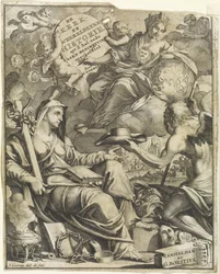 教会と世界史の比喩 Willem Goeree のタイトル ページ、De kerklyke en Weereldlyke historien。 1729年 ウイット・ダールの教会と世界史 - 古代地球の説明 (オブジェクトのタイトル)