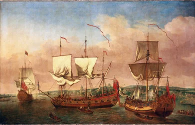 1710年頃、グリニッジ沖の「ペレグリン」号と他の王室船。ヤン・グリフィエ（1645-1718）作、キャンバスに油彩、1710-1715年頃。