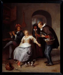 忘却の商人 菓子類の旅のセールスマン。ヤン・ステーン（1626-1679）による絵画 1678年 日0.35x0.3 m ルーアン、ミュゼ・デ・ボザール