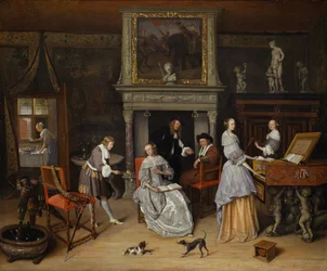 ヤン・ステーンとジェリット・シューテンの家族によるファンタジーのインテリア、c.1659-60（キャンバスに油彩）